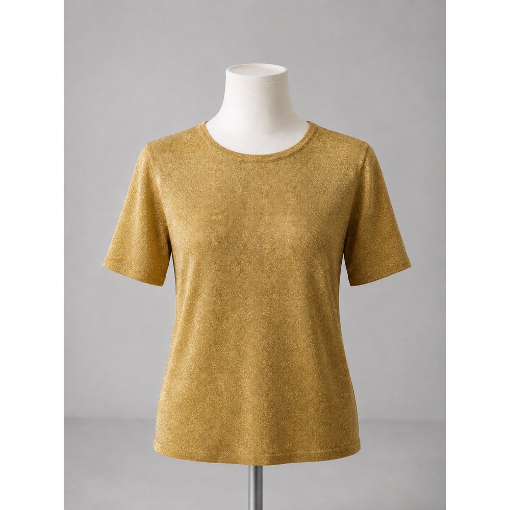 Petite Sophisticate Gold Metallic Knit Short Sleeve Sweater Top Medium